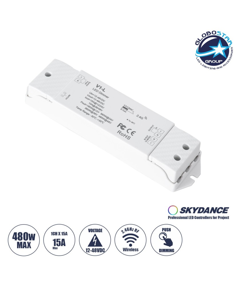 GLOBOSTAR® SKYDANCE-V1-L 71568 DC RF 2.4Ghz & Push Dimmer - Controller με 1 x 15A 480W Κανάλι DC 12-48V 15A 480W Max IP20 - RF 2.4Ghz & Push Dimming - Μ17.5 x Π4.5 x Υ2.5cm - 5 Χρόνια Εγγύηση